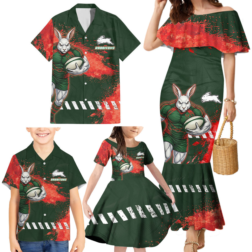 Personalised South Sydney Rabbitohs Rugby Family Matching Mermaid Dress and Hawaiian Shirt Rabbits Mascot - Sporty Splash Art Style