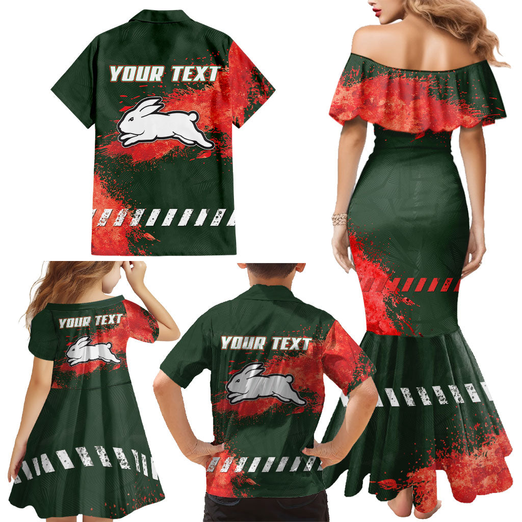Personalised South Sydney Rabbitohs Rugby Family Matching Mermaid Dress and Hawaiian Shirt Rabbits Mascot - Sporty Splash Art Style