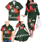 Personalised South Sydney Rabbitohs Rugby Family Matching Off The Shoulder Long Sleeve Dress and Hawaiian Shirt Rabbits Mascot - Sporty Splash Art Style