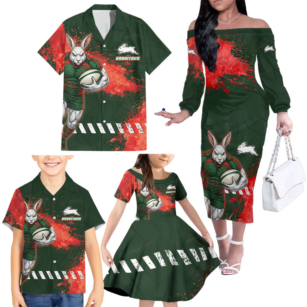 Personalised South Sydney Rabbitohs Rugby Family Matching Off The Shoulder Long Sleeve Dress and Hawaiian Shirt Rabbits Mascot - Sporty Splash Art Style