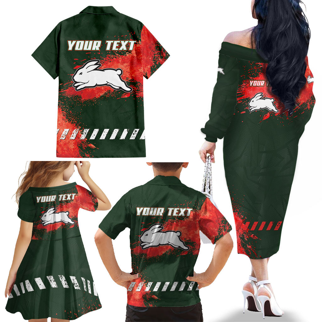 Personalised South Sydney Rabbitohs Rugby Family Matching Off The Shoulder Long Sleeve Dress and Hawaiian Shirt Rabbits Mascot - Sporty Splash Art Style