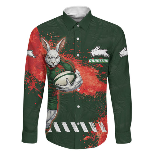 Personalised South Sydney Rabbitohs Rugby Family Matching Off The Shoulder Long Sleeve Dress and Hawaiian Shirt Rabbits Mascot - Sporty Splash Art Style