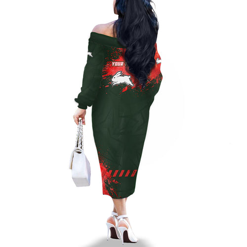 Personalised South Sydney Rabbitohs Rugby Family Matching Off The Shoulder Long Sleeve Dress and Hawaiian Shirt Rabbits Mascot - Sporty Splash Art Style