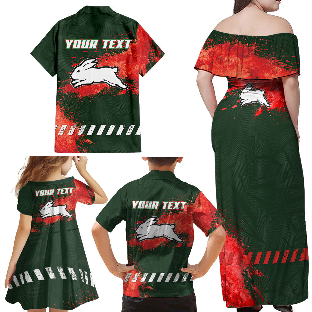 Personalised South Sydney Rabbitohs Rugby Family Matching Off Shoulder Maxi Dress and Hawaiian Shirt Rabbits Mascot - Sporty Splash Art Style