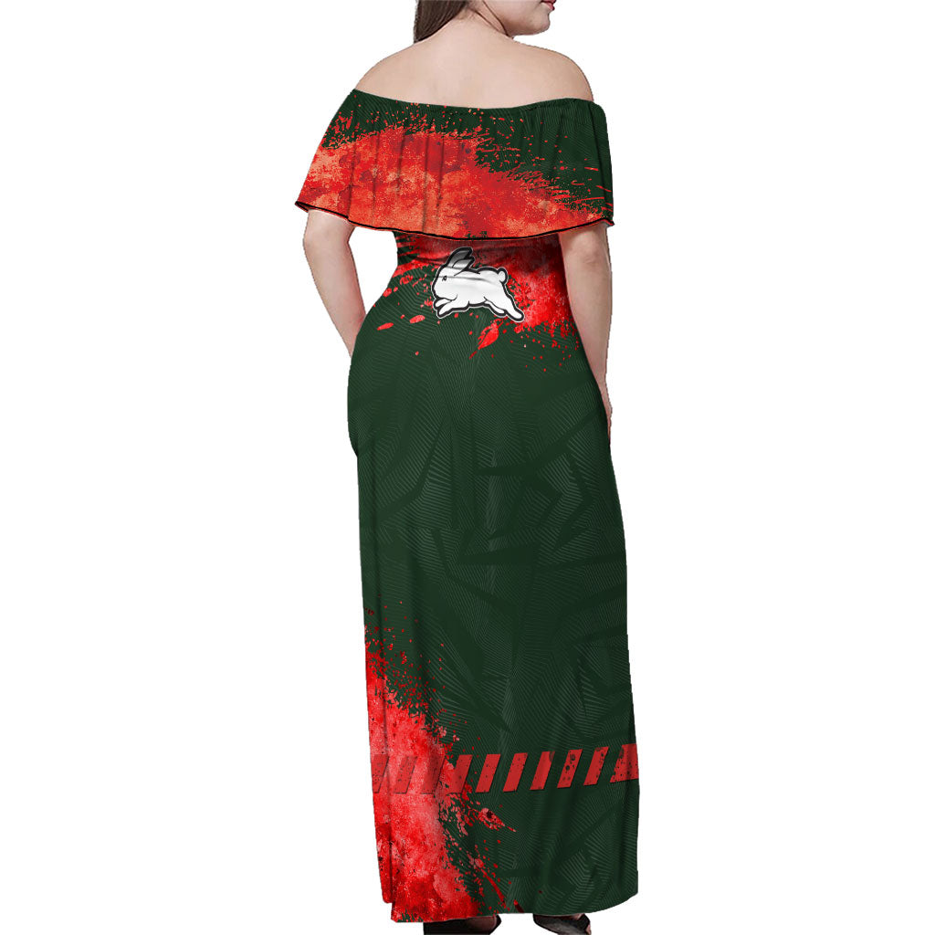 Personalised South Sydney Rabbitohs Rugby Family Matching Off Shoulder Maxi Dress and Hawaiian Shirt Rabbits Mascot - Sporty Splash Art Style
