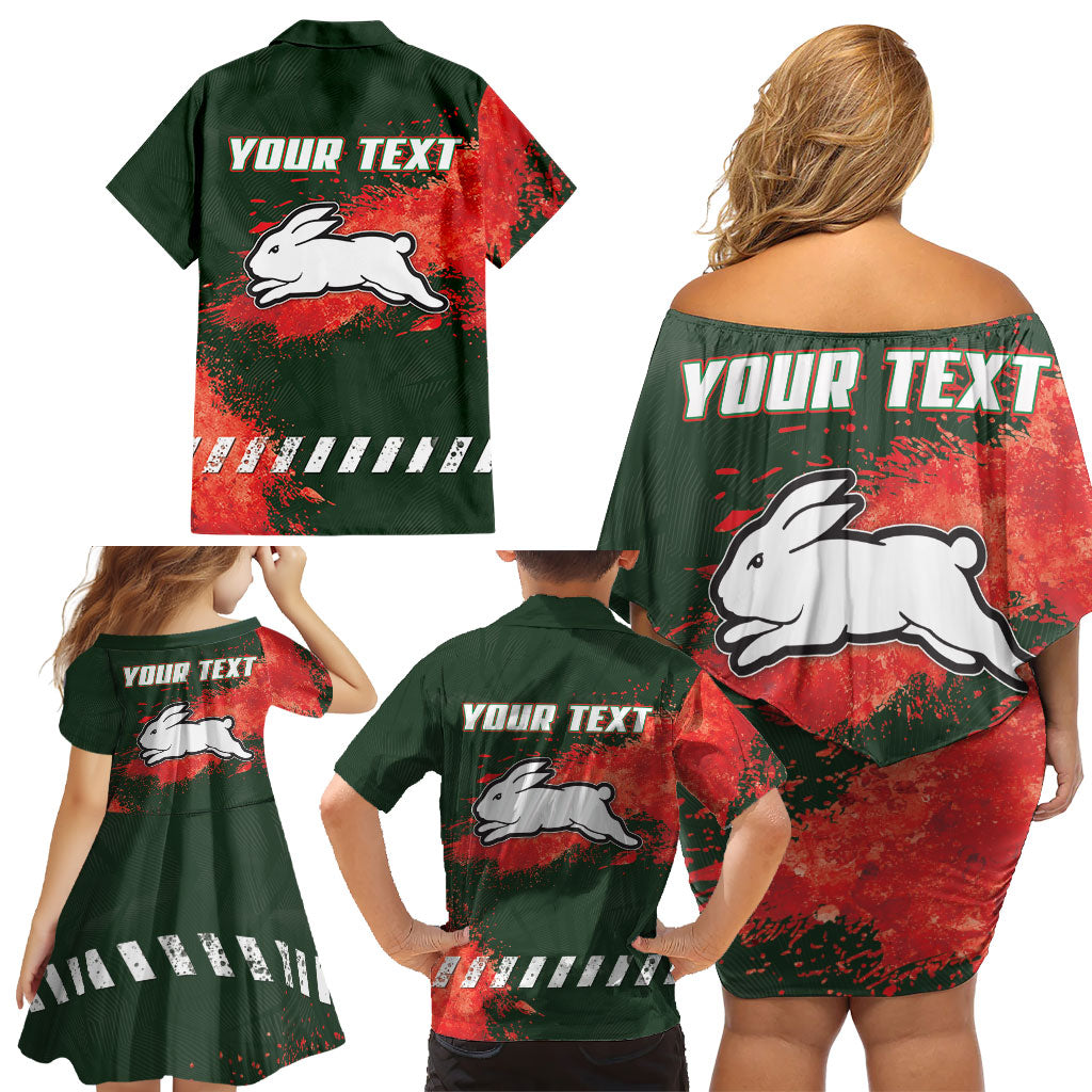 Personalised South Sydney Rabbitohs Rugby Family Matching Off Shoulder Short Dress and Hawaiian Shirt Rabbits Mascot - Sporty Splash Art Style