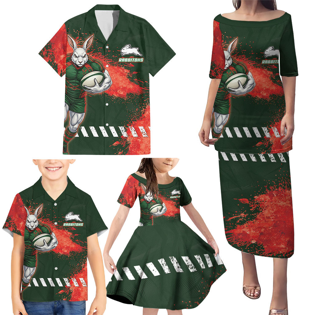 Personalised South Sydney Rabbitohs Rugby Family Matching Puletasi and Hawaiian Shirt Rabbits Mascot - Sporty Splash Art Style