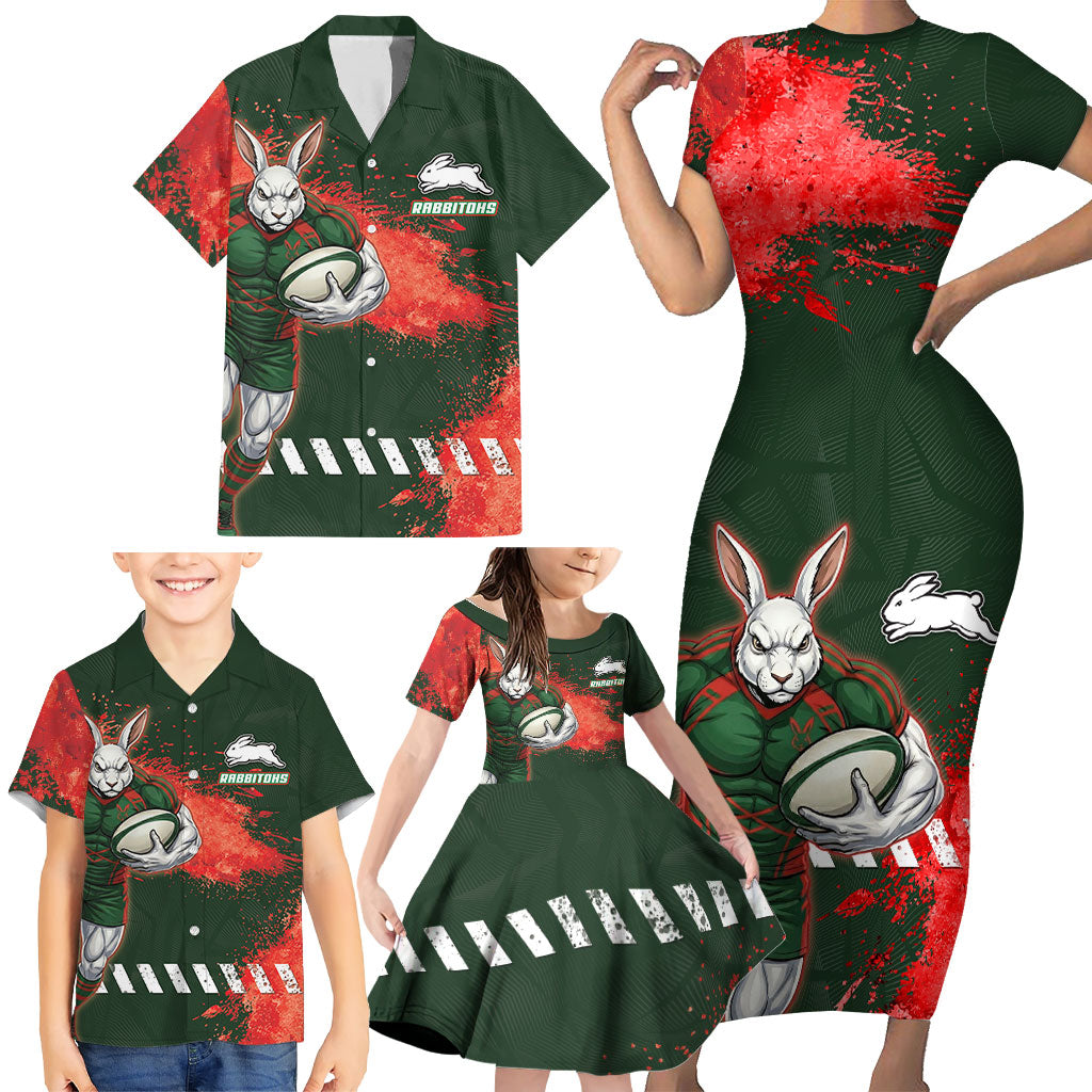 Personalised South Sydney Rabbitohs Rugby Family Matching Short Sleeve Bodycon Dress and Hawaiian Shirt Rabbits Mascot - Sporty Splash Art Style