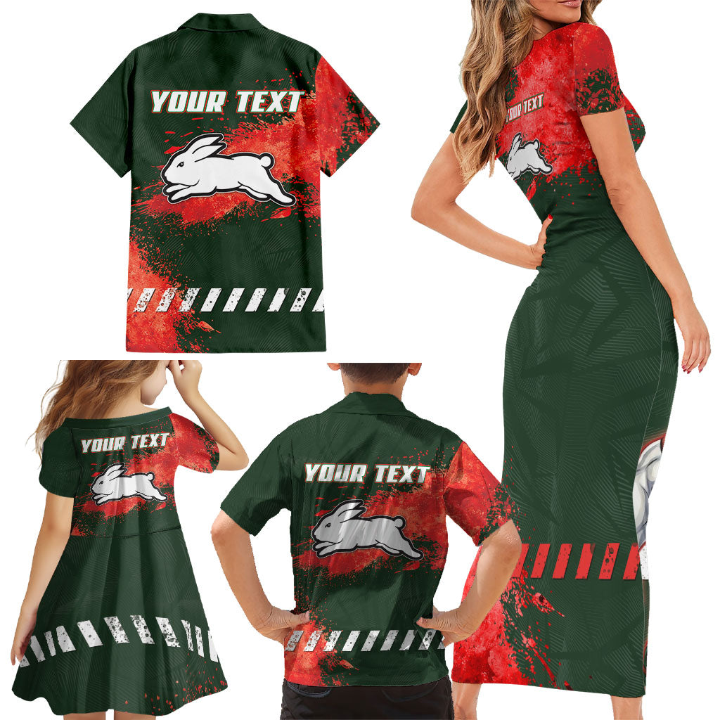 Personalised South Sydney Rabbitohs Rugby Family Matching Short Sleeve Bodycon Dress and Hawaiian Shirt Rabbits Mascot - Sporty Splash Art Style