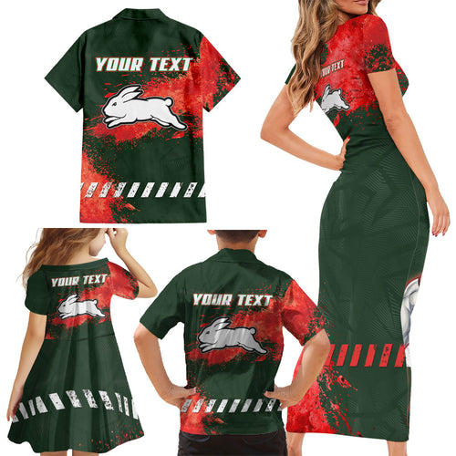 Personalised South Sydney Rabbitohs Rugby Family Matching Short Sleeve Bodycon Dress and Hawaiian Shirt Rabbits Mascot - Sporty Splash Art Style