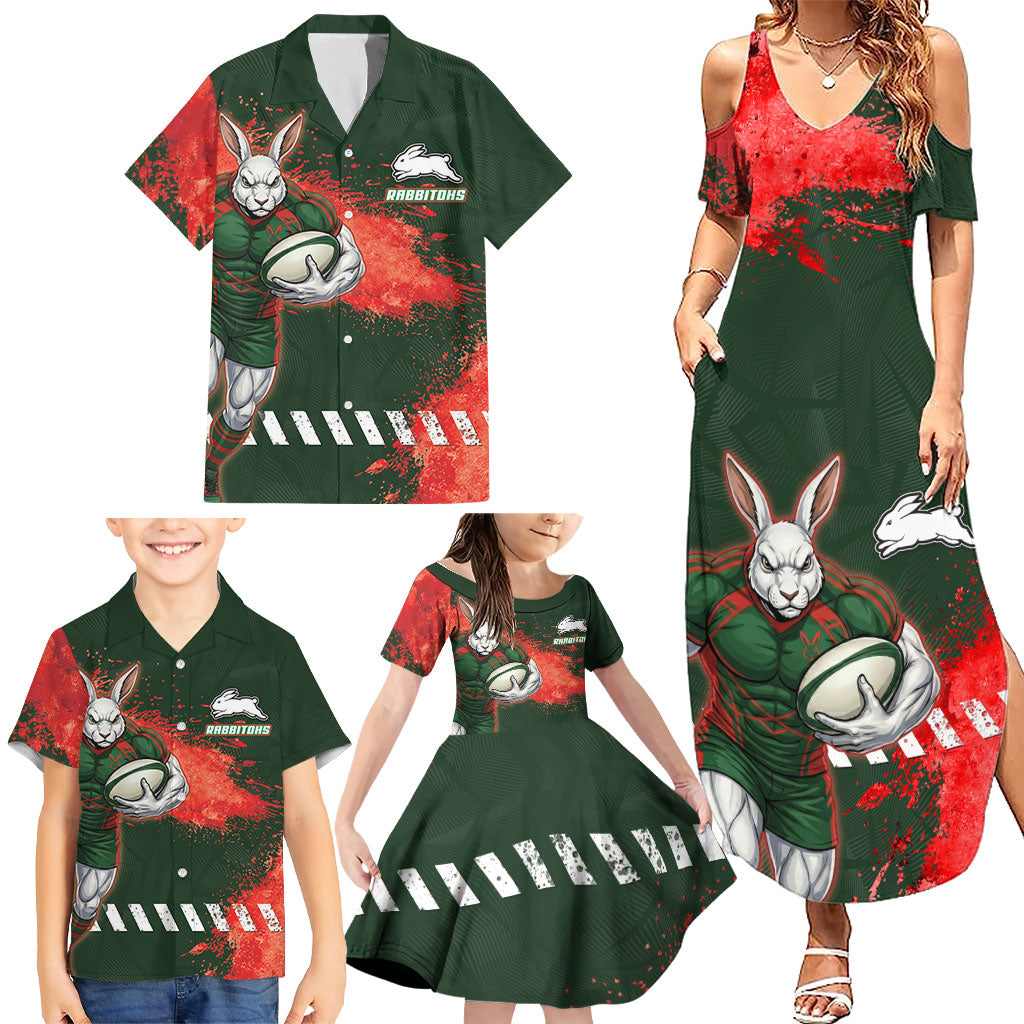 Personalised South Sydney Rabbitohs Rugby Family Matching Summer Maxi Dress and Hawaiian Shirt Rabbits Mascot - Sporty Splash Art Style