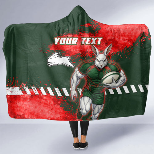 Personalised South Sydney Rabbitohs Rugby Hooded Blanket Rabbits Mascot - Sporty Splash Art Style