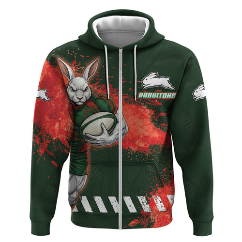 Personalised South Sydney Rabbitohs Rugby Hoodie Rabbits Mascot - Sporty Splash Art Style