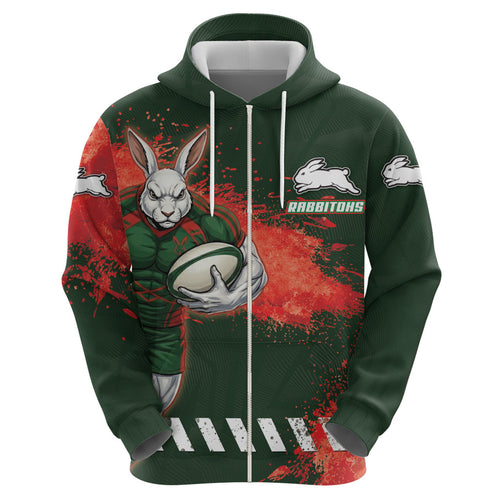 Personalised South Sydney Rabbitohs Rugby Hoodie Rabbits Mascot - Sporty Splash Art Style