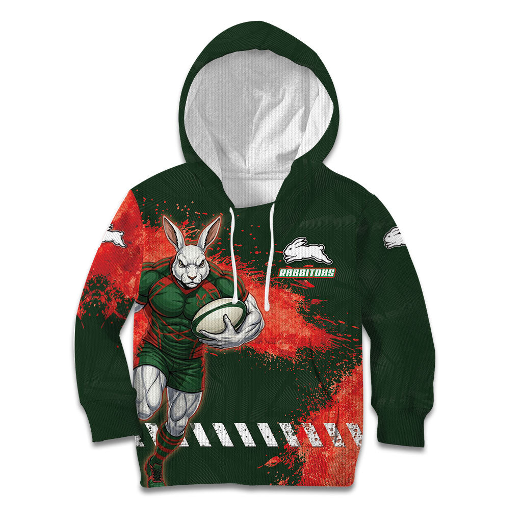 Personalised South Sydney Rabbitohs Rugby Kid Hoodie Rabbits Mascot - Sporty Splash Art Style