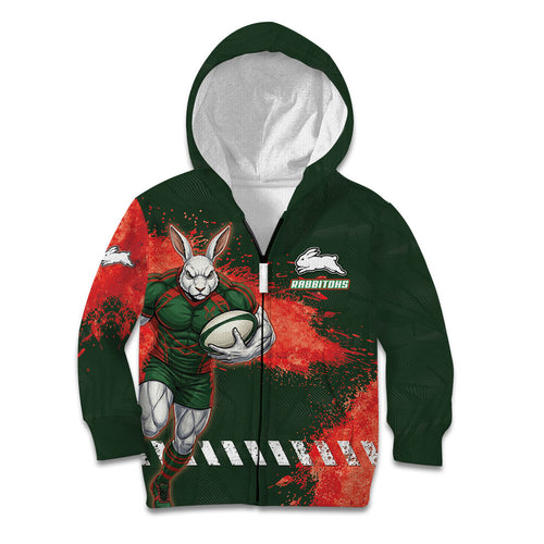 Personalised South Sydney Rabbitohs Rugby Kid Hoodie Rabbits Mascot - Sporty Splash Art Style