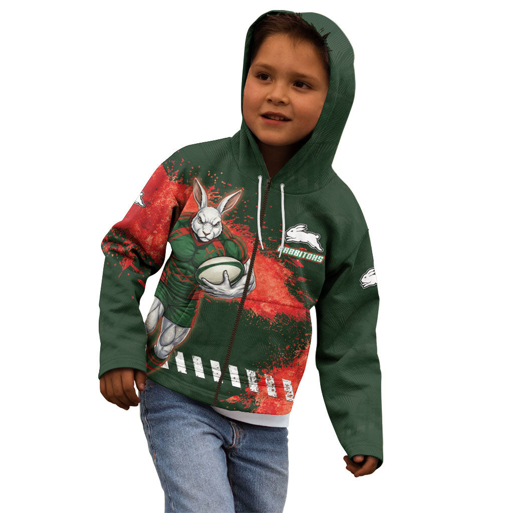 Personalised South Sydney Rabbitohs Rugby Kid Hoodie Rabbits Mascot - Sporty Splash Art Style