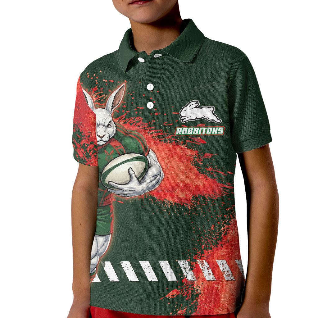 Personalised South Sydney Rabbitohs Rugby Kid Polo Shirt Rabbits Mascot - Sporty Splash Art Style