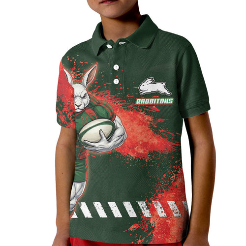 Personalised South Sydney Rabbitohs Rugby Kid Polo Shirt Rabbits Mascot - Sporty Splash Art Style