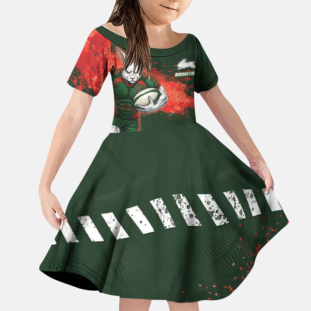 Personalised South Sydney Rabbitohs Rugby Kid Short Sleeve Dress Rabbits Mascot - Sporty Splash Art Style