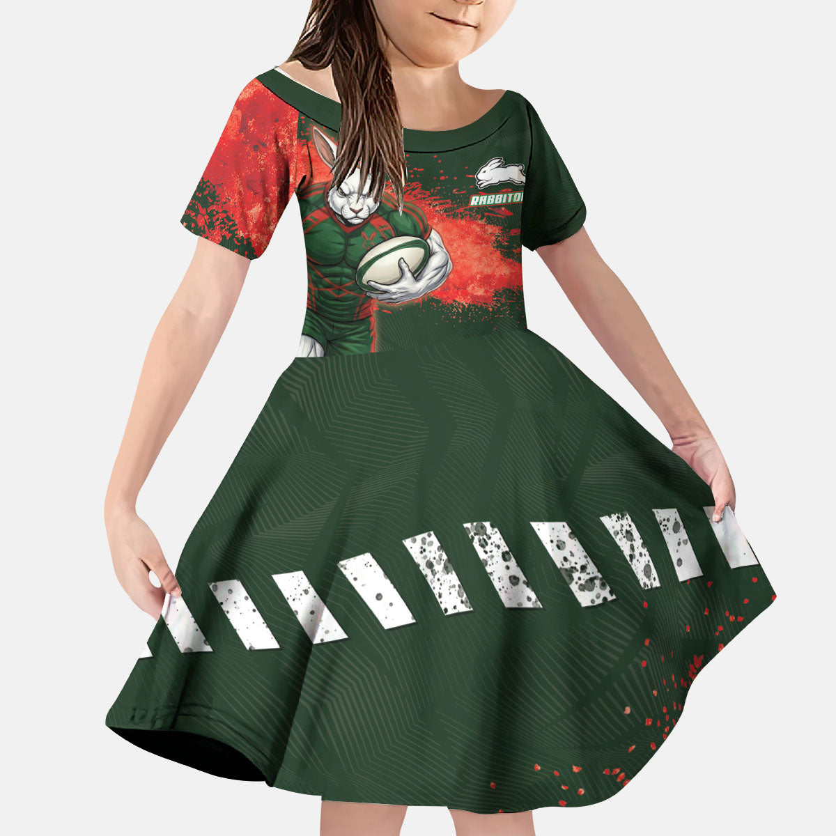 Personalised South Sydney Rabbitohs Rugby Kid Short Sleeve Dress Rabbits Mascot - Sporty Splash Art Style
