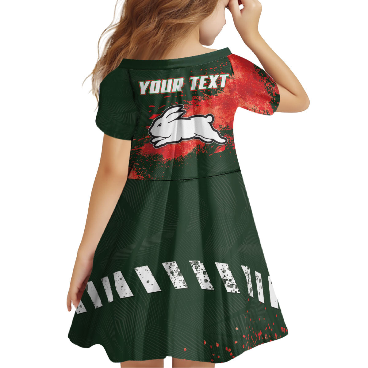 Personalised South Sydney Rabbitohs Rugby Kid Short Sleeve Dress Rabbits Mascot - Sporty Splash Art Style
