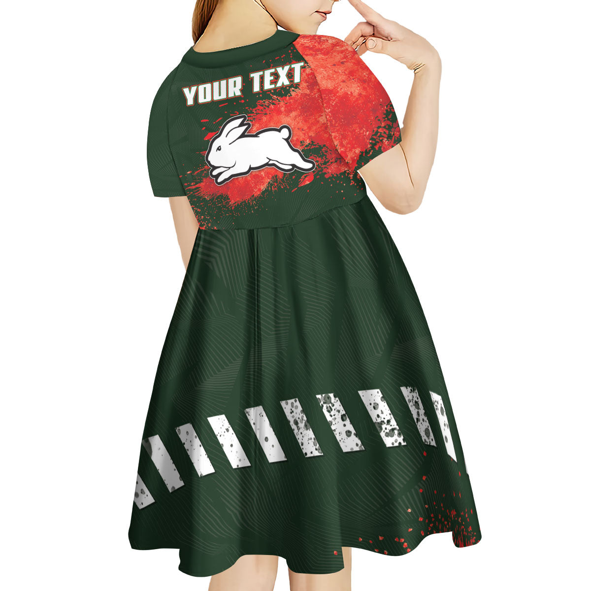 Personalised South Sydney Rabbitohs Rugby Kid Short Sleeve Dress Rabbits Mascot - Sporty Splash Art Style