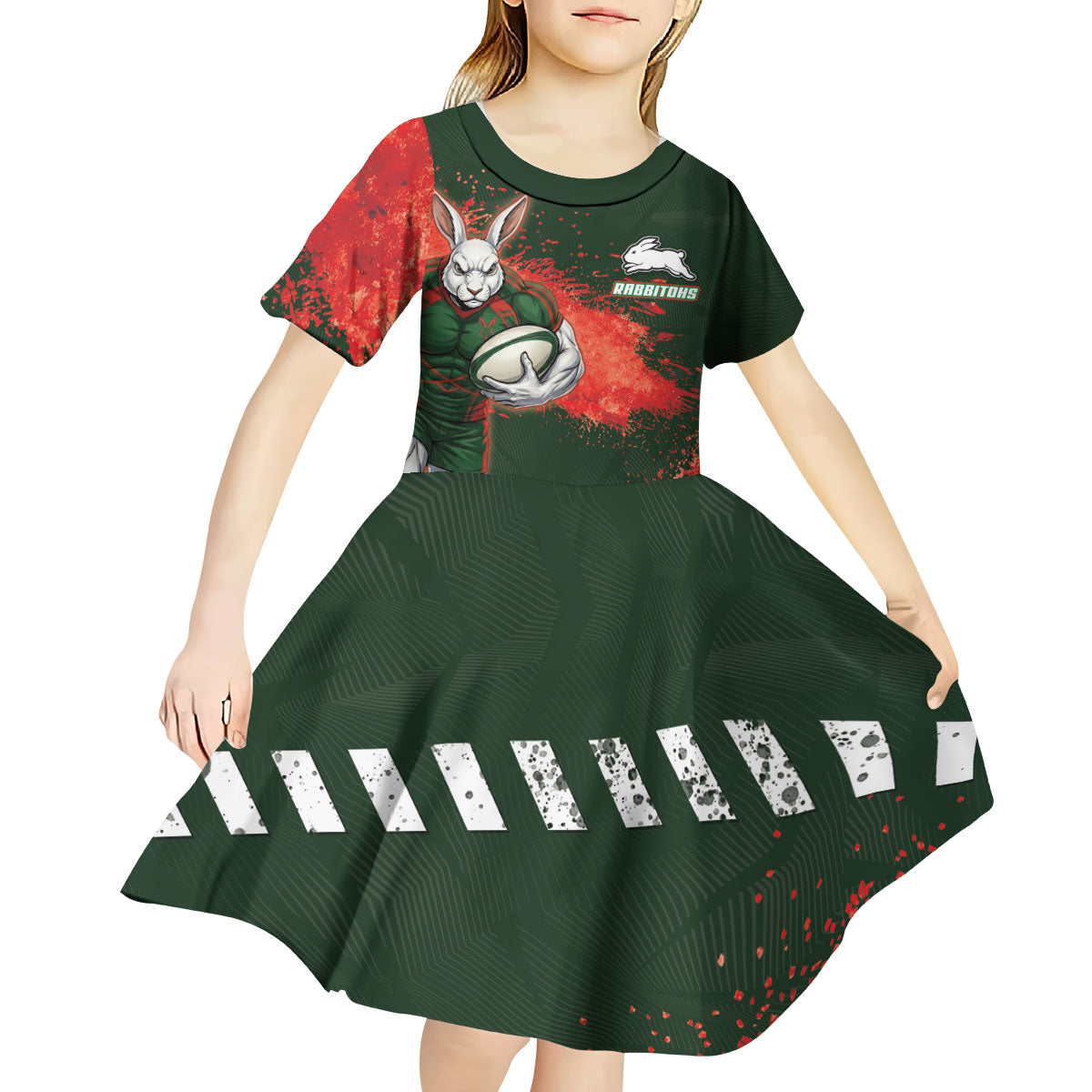 Personalised South Sydney Rabbitohs Rugby Kid Short Sleeve Dress Rabbits Mascot - Sporty Splash Art Style