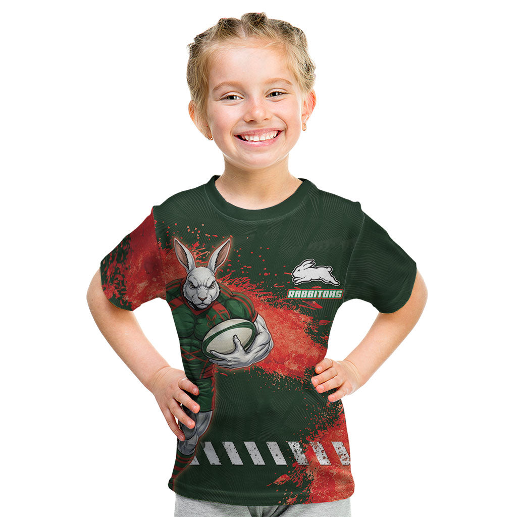 Personalised South Sydney Rabbitohs Rugby Kid T Shirt Rabbits Mascot - Sporty Splash Art Style