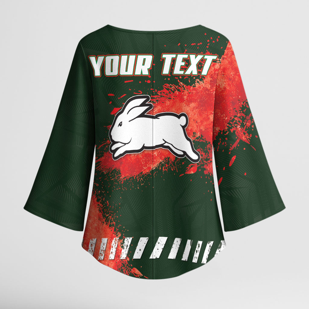 Personalised South Sydney Rabbitohs Rugby Kimono Sleeve Blouse Rabbits Mascot - Sporty Splash Art Style