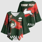 Personalised South Sydney Rabbitohs Rugby Kimono Sleeve Blouse Rabbits Mascot - Sporty Splash Art Style