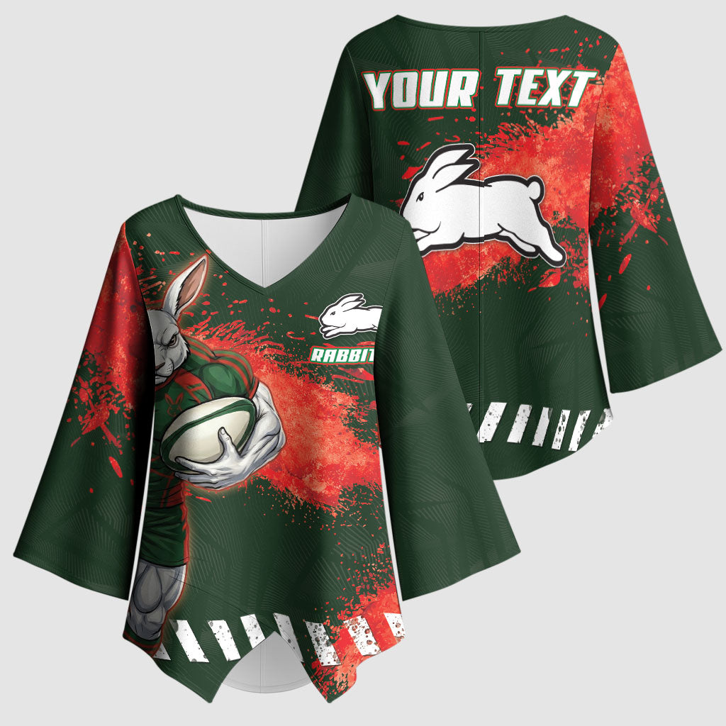 Personalised South Sydney Rabbitohs Rugby Kimono Sleeve Blouse Rabbits Mascot - Sporty Splash Art Style
