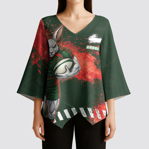 Personalised South Sydney Rabbitohs Rugby Kimono Sleeve Blouse Rabbits Mascot - Sporty Splash Art Style