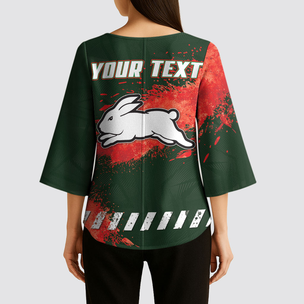 Personalised South Sydney Rabbitohs Rugby Kimono Sleeve Blouse Rabbits Mascot - Sporty Splash Art Style