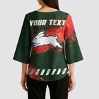 Personalised South Sydney Rabbitohs Rugby Kimono Sleeve Blouse Rabbits Mascot - Sporty Splash Art Style