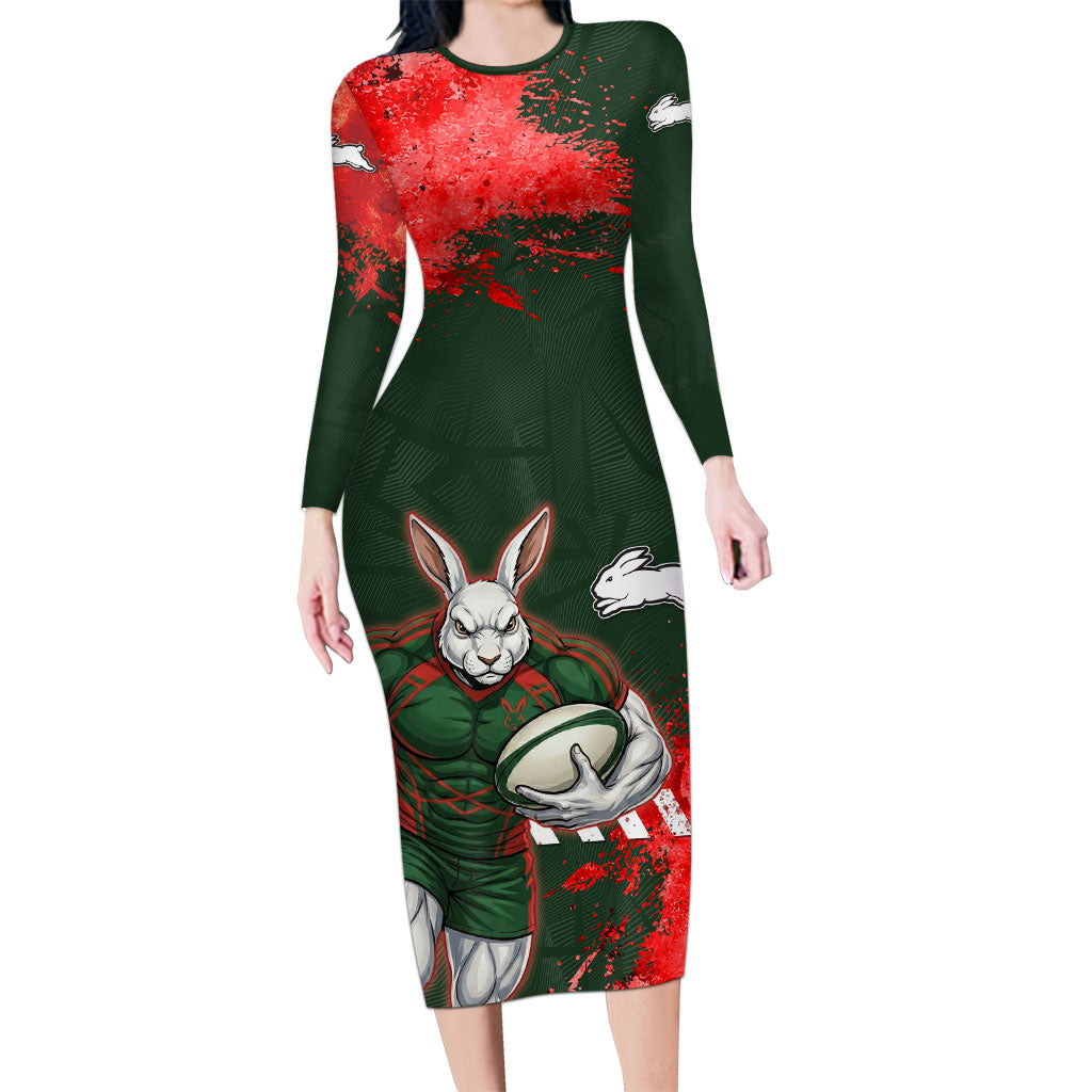 Personalised South Sydney Rabbitohs Rugby Long Sleeve Bodycon Dress Rabbits Mascot - Sporty Splash Art Style