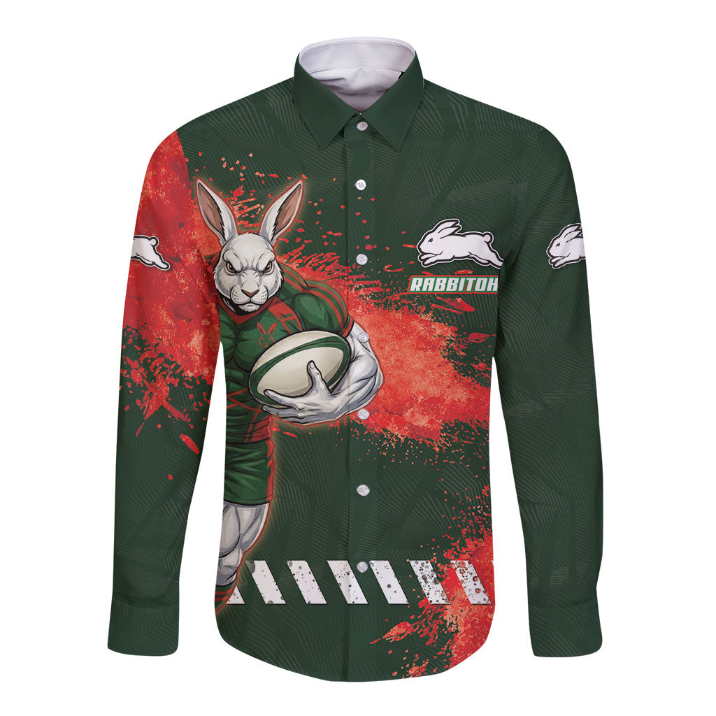Personalised South Sydney Rabbitohs Rugby Long Sleeve Button Shirt Rabbits Mascot - Sporty Splash Art Style