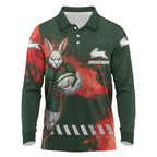 Personalised South Sydney Rabbitohs Rugby Long Sleeve Polo Shirt Rabbits Mascot - Sporty Splash Art Style