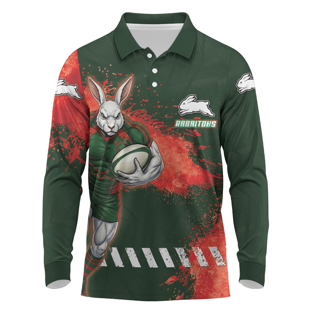 Personalised South Sydney Rabbitohs Rugby Long Sleeve Polo Shirt Rabbits Mascot - Sporty Splash Art Style
