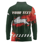 Personalised South Sydney Rabbitohs Rugby Long Sleeve Polo Shirt Rabbits Mascot - Sporty Splash Art Style