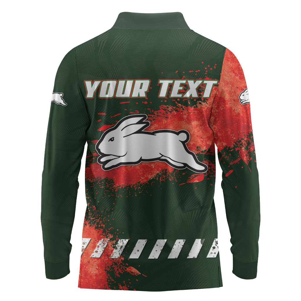 Personalised South Sydney Rabbitohs Rugby Long Sleeve Polo Shirt Rabbits Mascot - Sporty Splash Art Style
