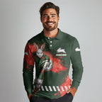 Personalised South Sydney Rabbitohs Rugby Long Sleeve Polo Shirt Rabbits Mascot - Sporty Splash Art Style