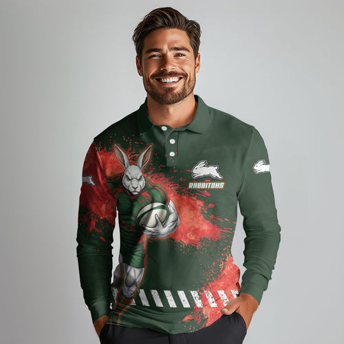 Personalised South Sydney Rabbitohs Rugby Long Sleeve Polo Shirt Rabbits Mascot - Sporty Splash Art Style