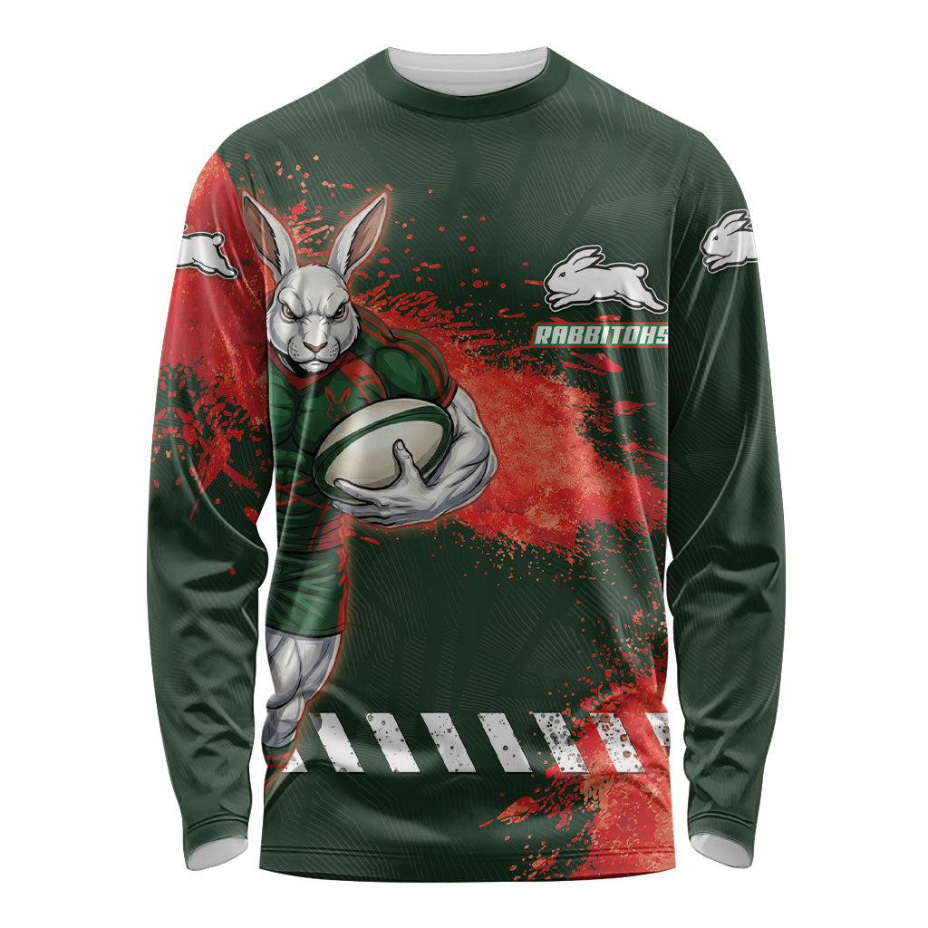 Personalised South Sydney Rabbitohs Rugby Long Sleeve Shirt Rabbits Mascot - Sporty Splash Art Style