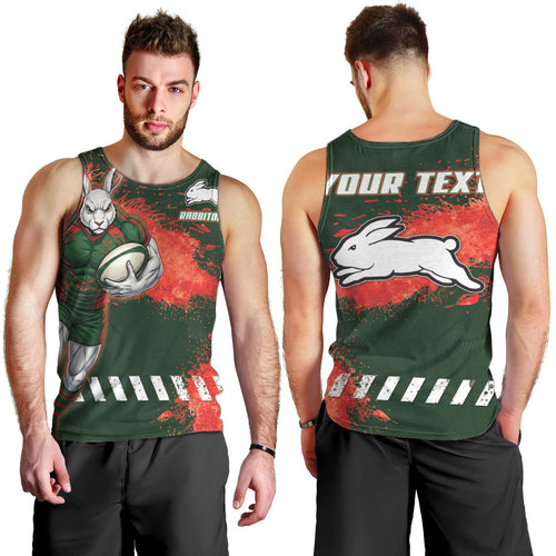 Personalised South Sydney Rabbitohs Rugby Men Tank Top Rabbits Mascot - Sporty Splash Art Style