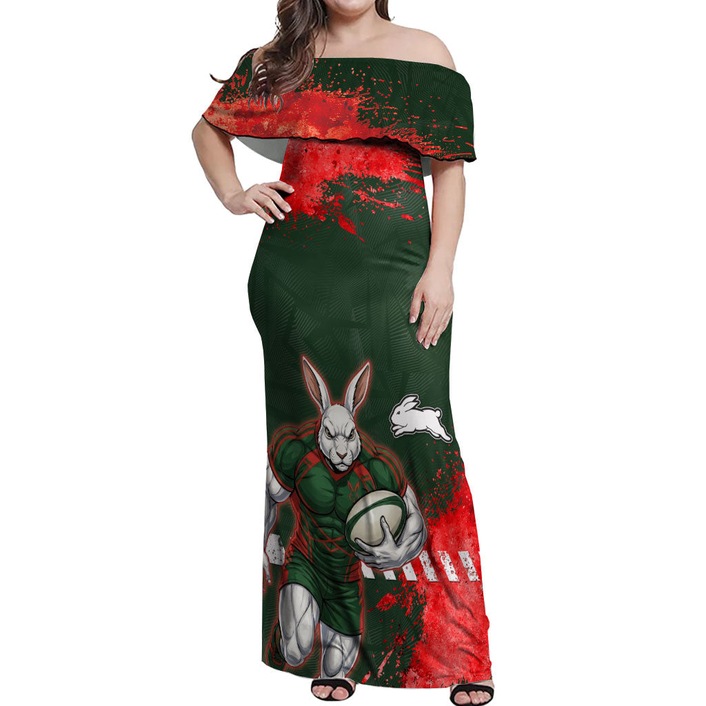 Personalised South Sydney Rabbitohs Rugby Off Shoulder Maxi Dress Rabbits Mascot - Sporty Splash Art Style