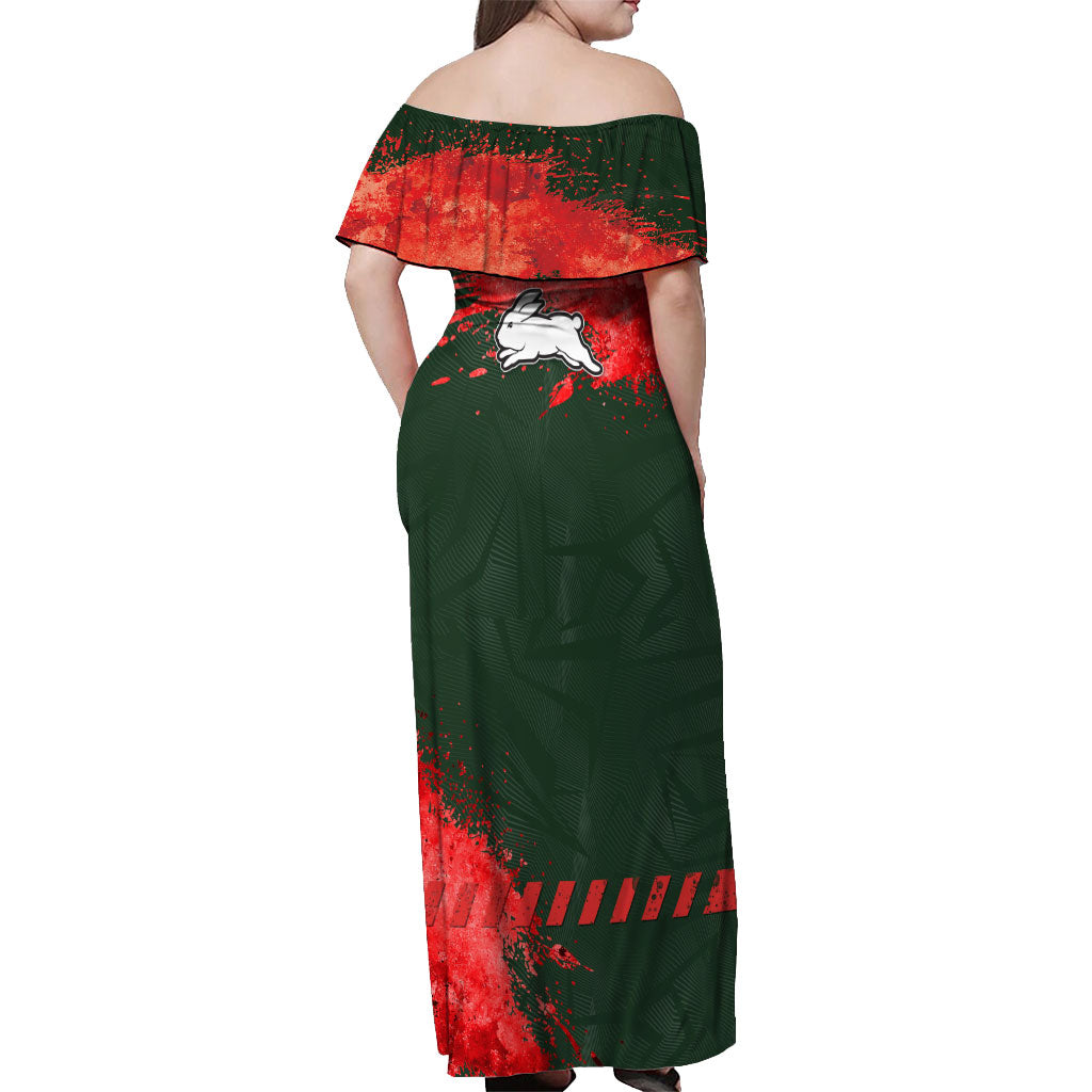 Personalised South Sydney Rabbitohs Rugby Off Shoulder Maxi Dress Rabbits Mascot - Sporty Splash Art Style