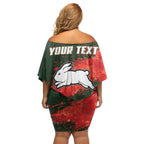 Personalised South Sydney Rabbitohs Rugby Off Shoulder Short Dress Rabbits Mascot - Sporty Splash Art Style