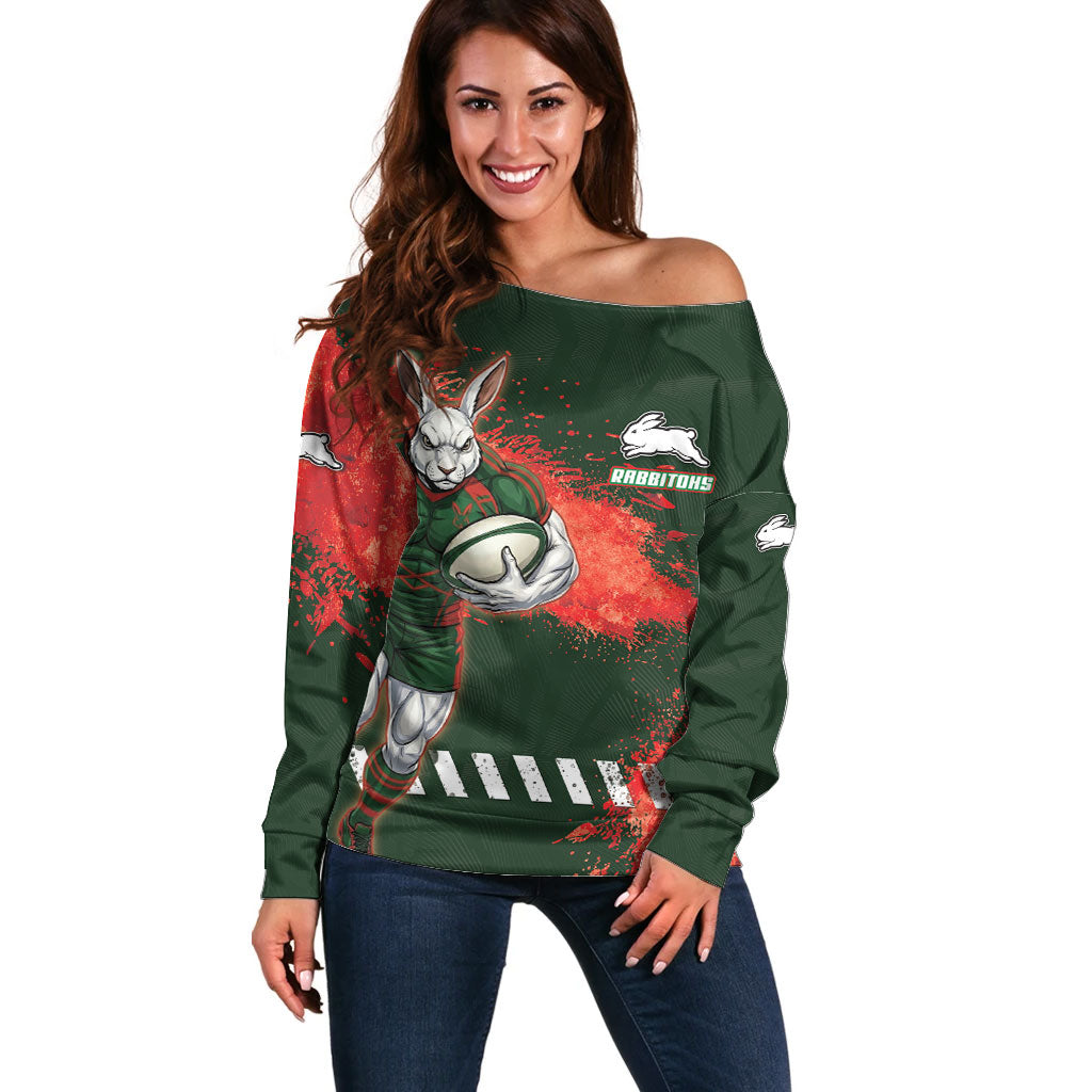 Personalised South Sydney Rabbitohs Rugby Off Shoulder Sweater Rabbits Mascot - Sporty Splash Art Style