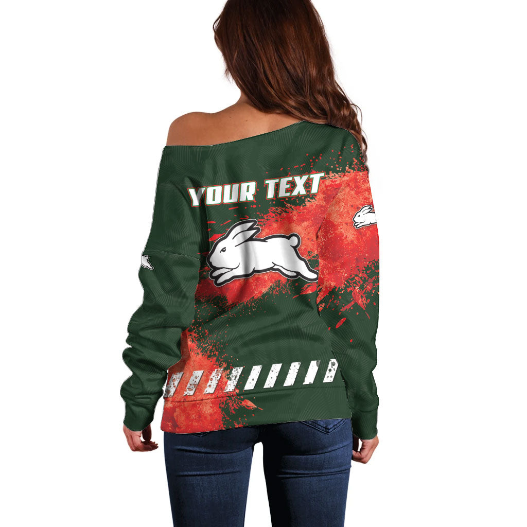 Personalised South Sydney Rabbitohs Rugby Off Shoulder Sweater Rabbits Mascot - Sporty Splash Art Style
